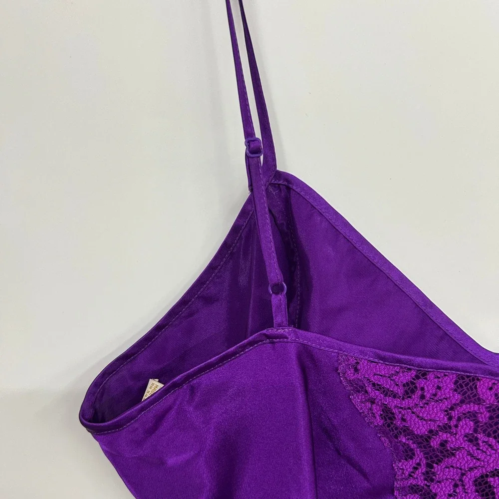 Victoria Secret Gold Label Satin Lace Trim Chemise Large Purple Vintage Coquette